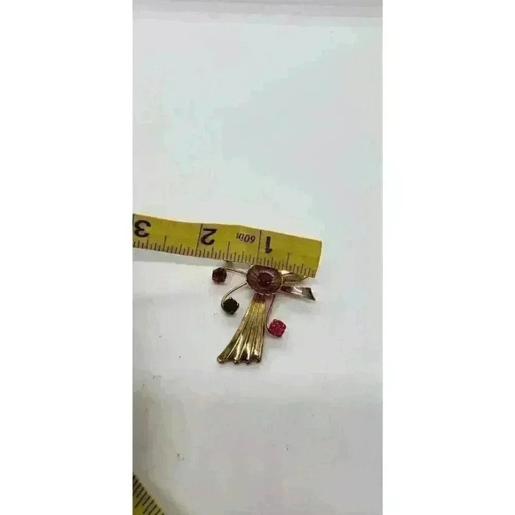 RARE Vintage Harry Iskin 12K Gold Filled Cherry Red Rhinestone Flower Brooch 40s - Picture 12 of 12